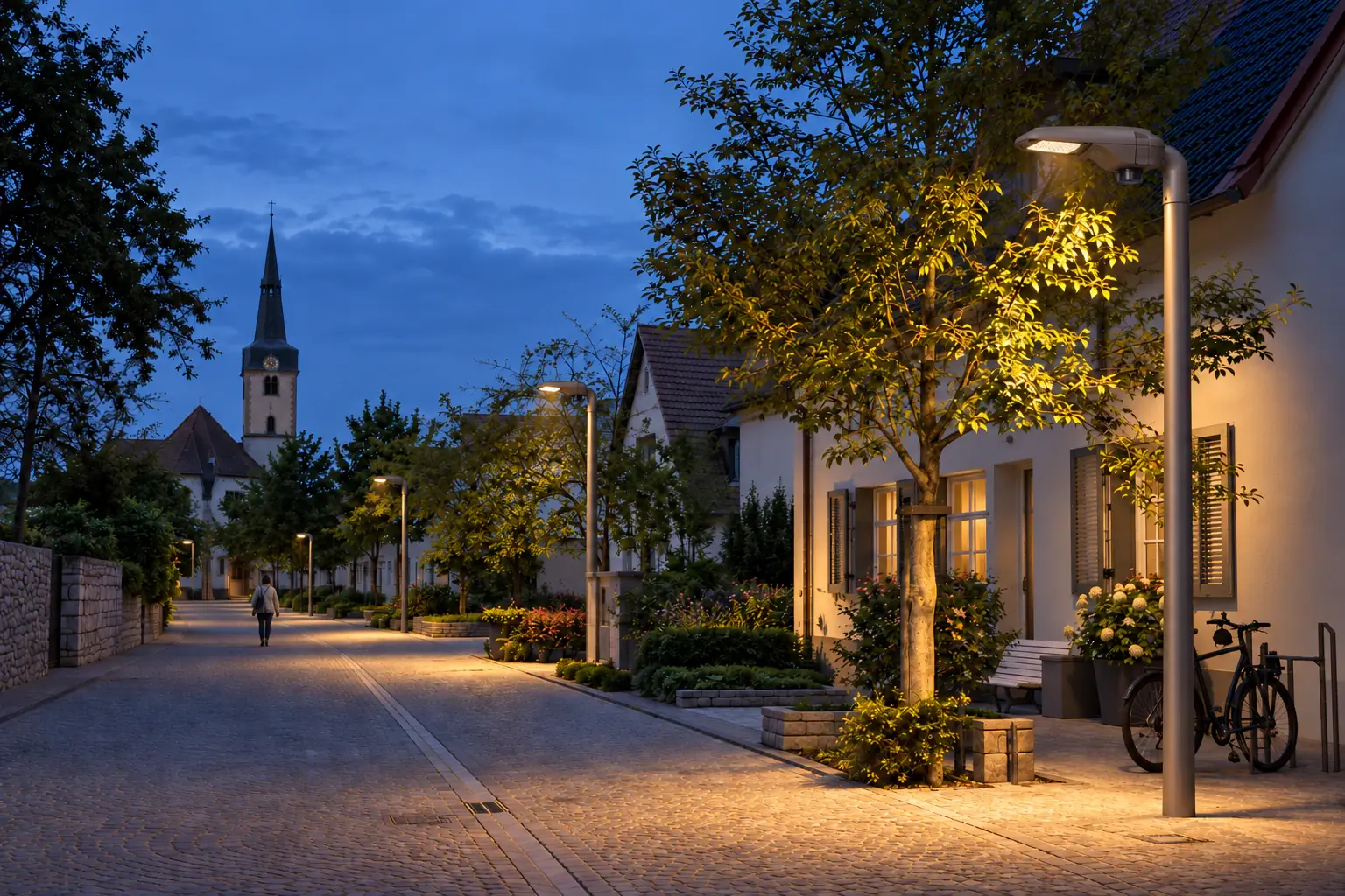 Ruhige Wohnstraße zur blauen Stunde mit warmen Straßenleuchten und einem Fußgänger.