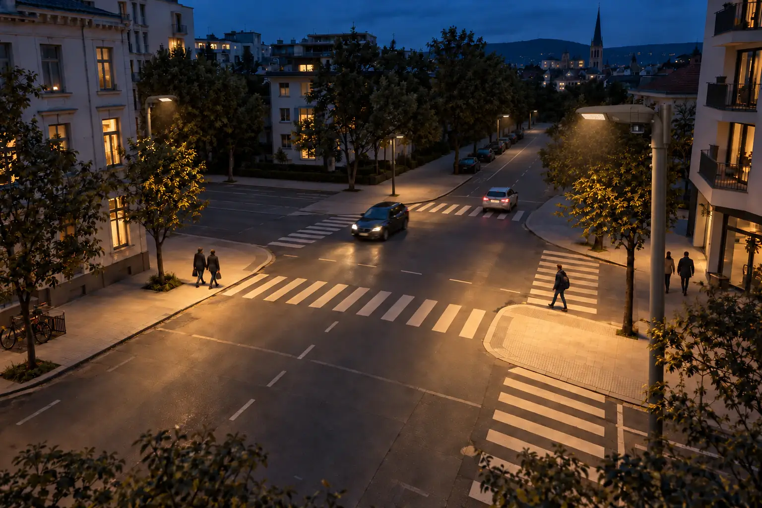 Städtische Kreuzung in der Dämmerung mit Fahrzeugen und Fußgängern.