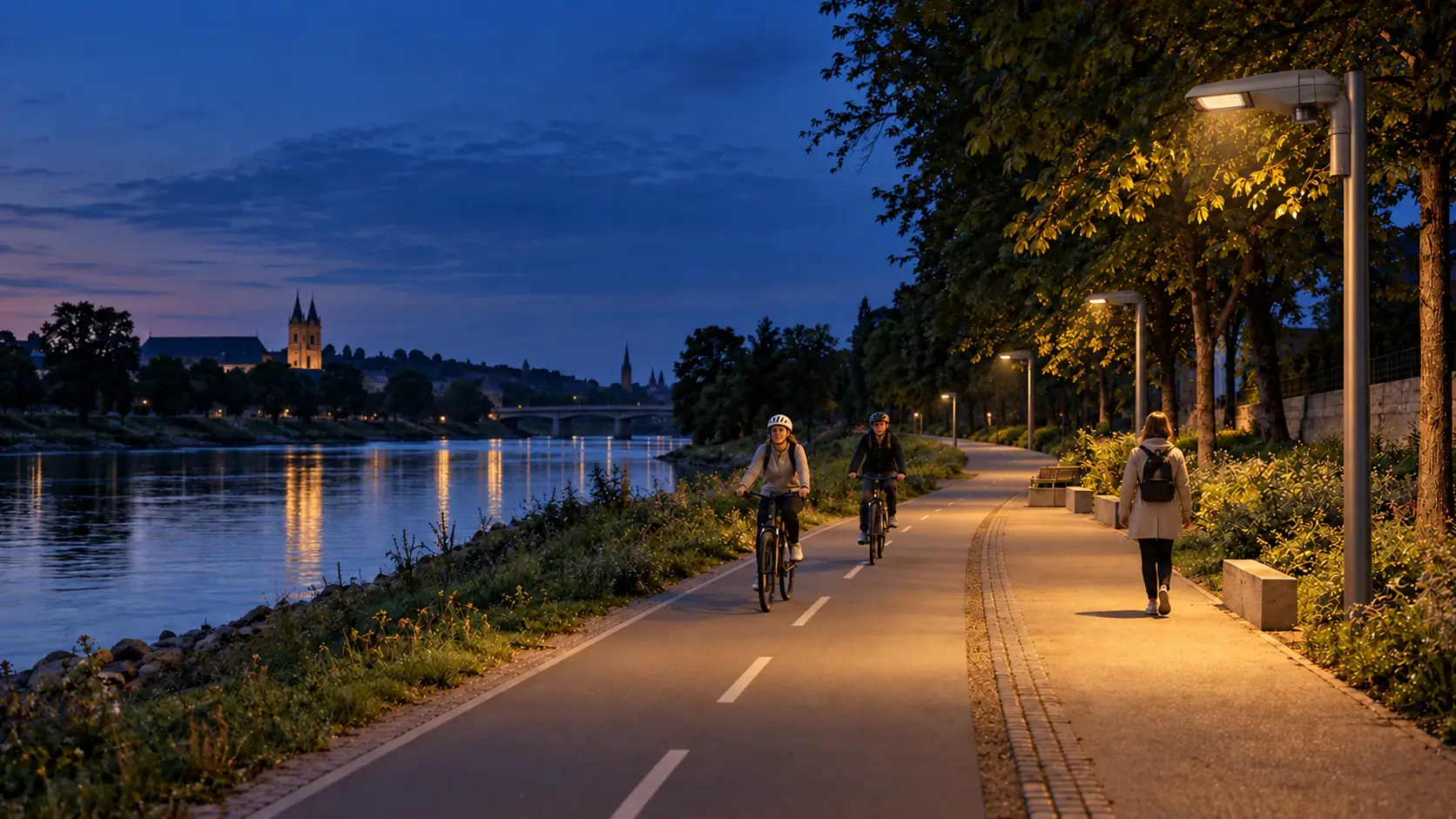 Rad- und Fußweg am Fluss zur blauen Stunde mit einzelnen beleuchteten Wegabschnitten.