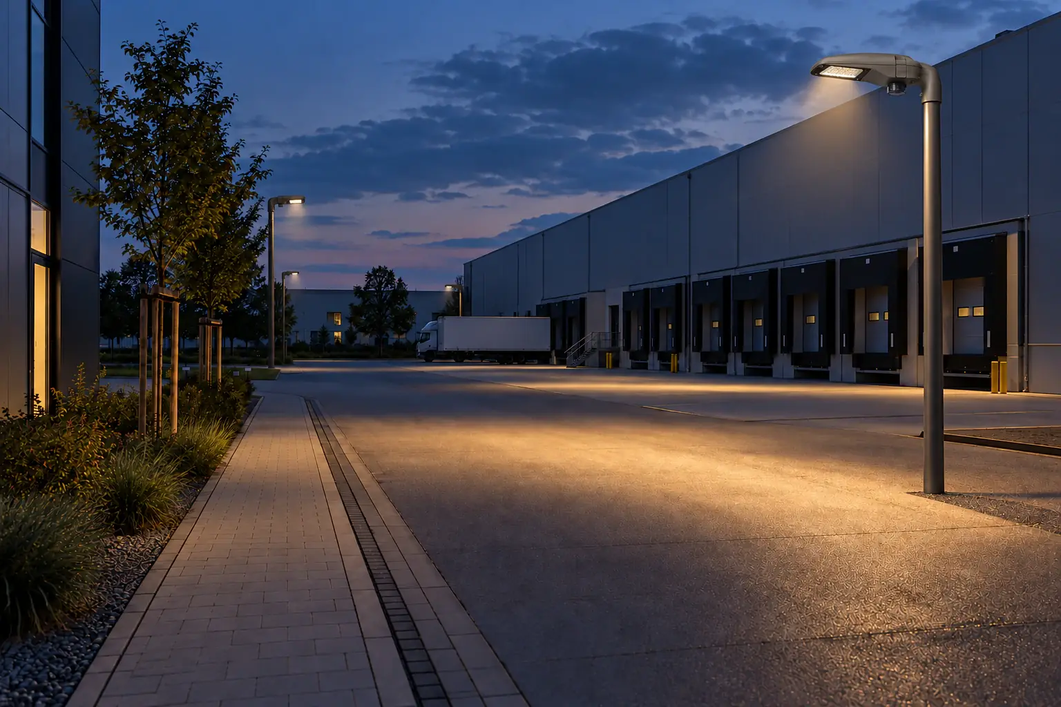 Gewerbegebiet mit beleuchteten Ladezonen und Verkehrswegen in der Dämmerung.