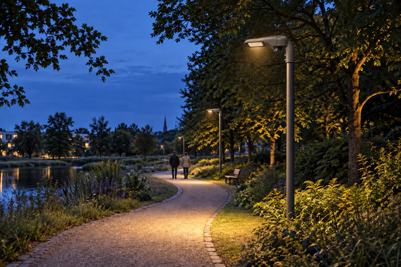 Parkweg mit Bäumen und zurückhaltender warmer Beleuchtung am Abend.