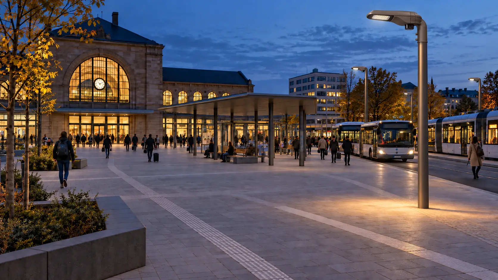 Bahnhofsvorplatz mit Haltestelle und wartenden Menschen zur blauen Stunde.