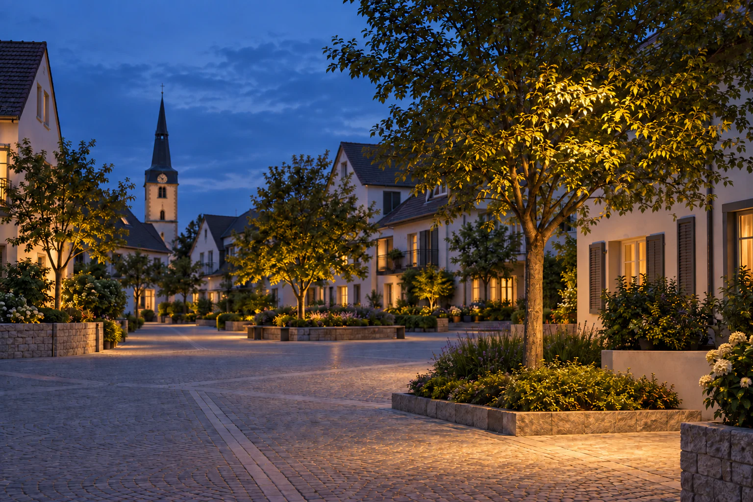 Wohnstraße in der Abenddämmerung
