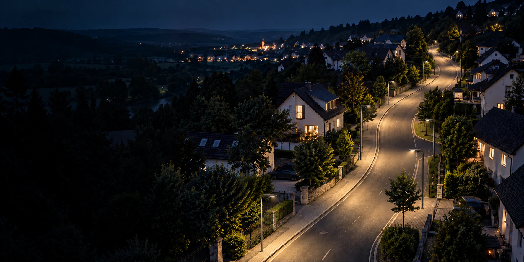 Beleuchtete Stadtstraße bei Nacht