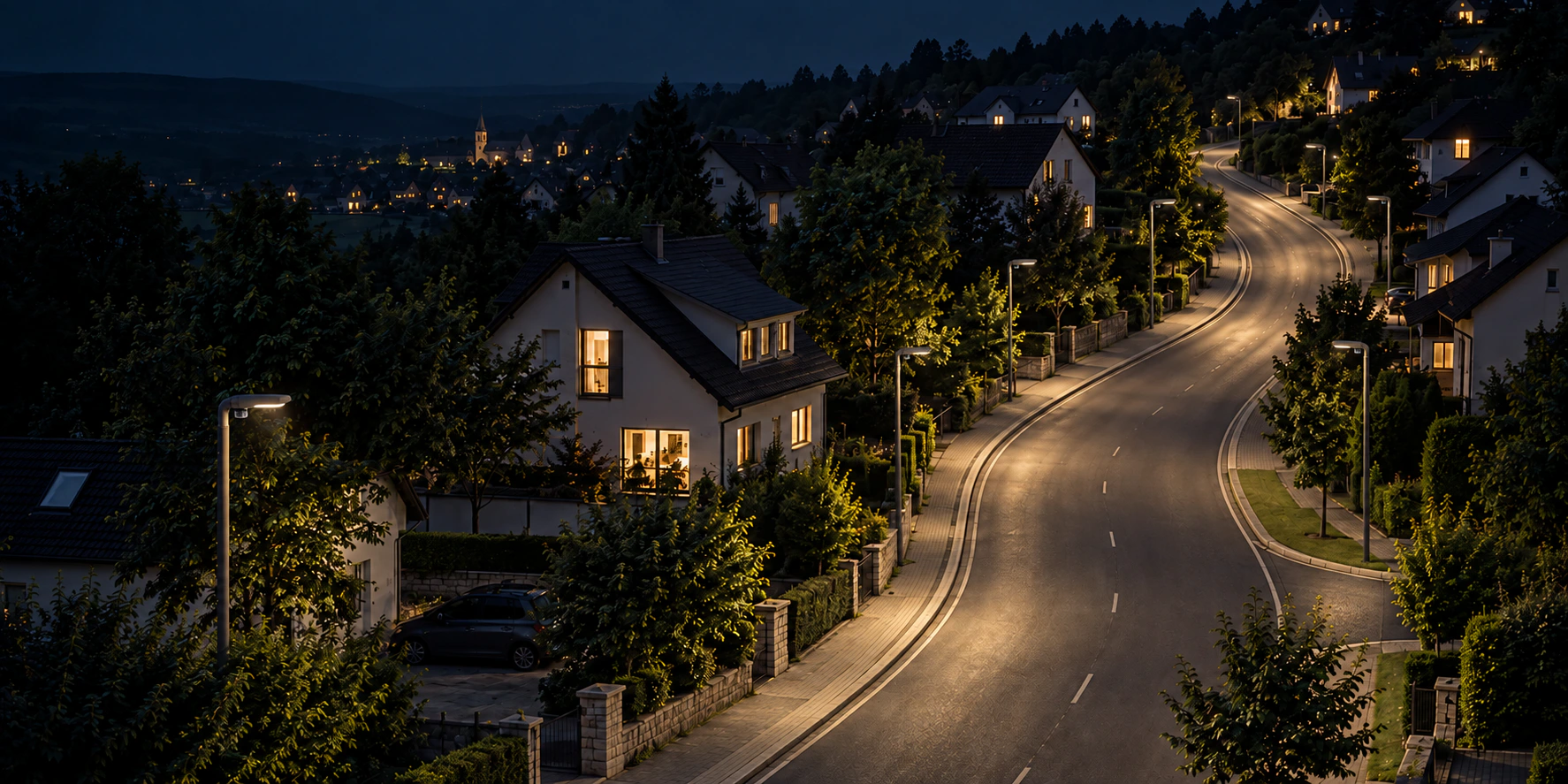 Ortsstraße bei Nacht mit gleichmäßig beleuchteten Straßenlaternen